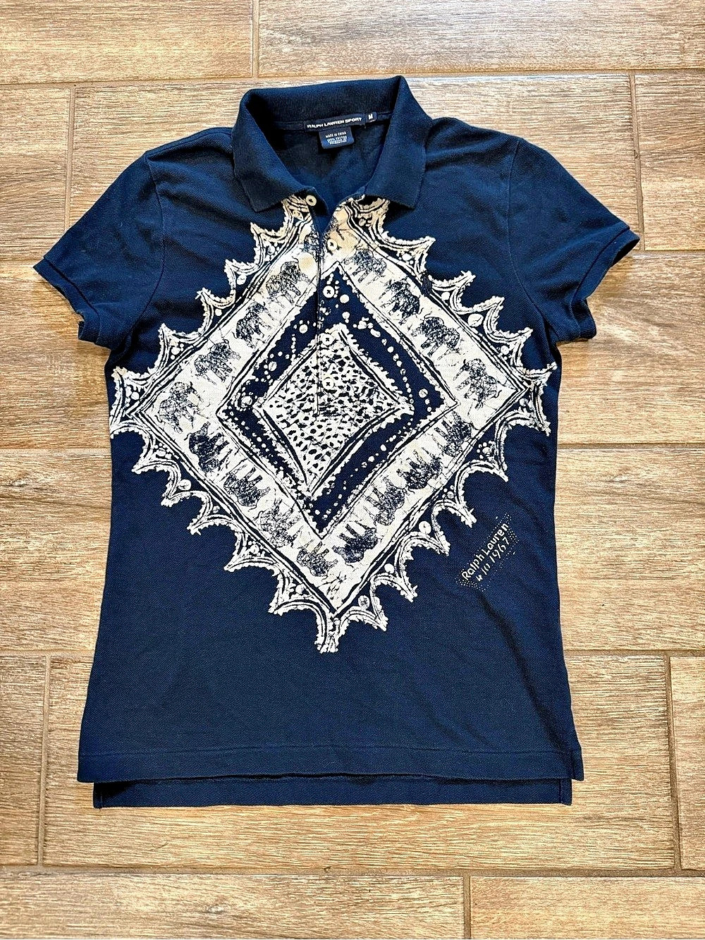 Ralph Lauren Sport Multi Elephant Stenciled Cotton Mesh Polo Shirt Women's Blue